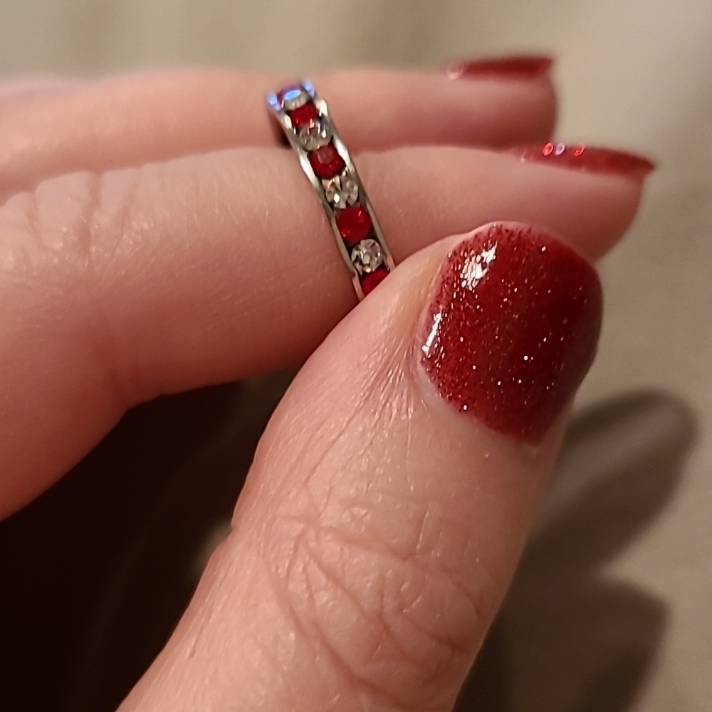 Channel set red and clear stones cubic zirconia stainless steel eternity ring - Picture 9 of 9